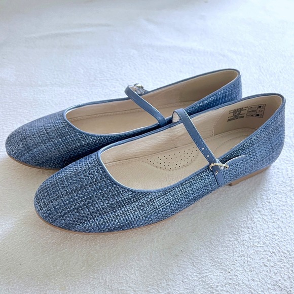 Lands' End Shoes - Lands End Mary Jane Flats Women 6.5 Blue Woven Textured Buckle Strap Shoes